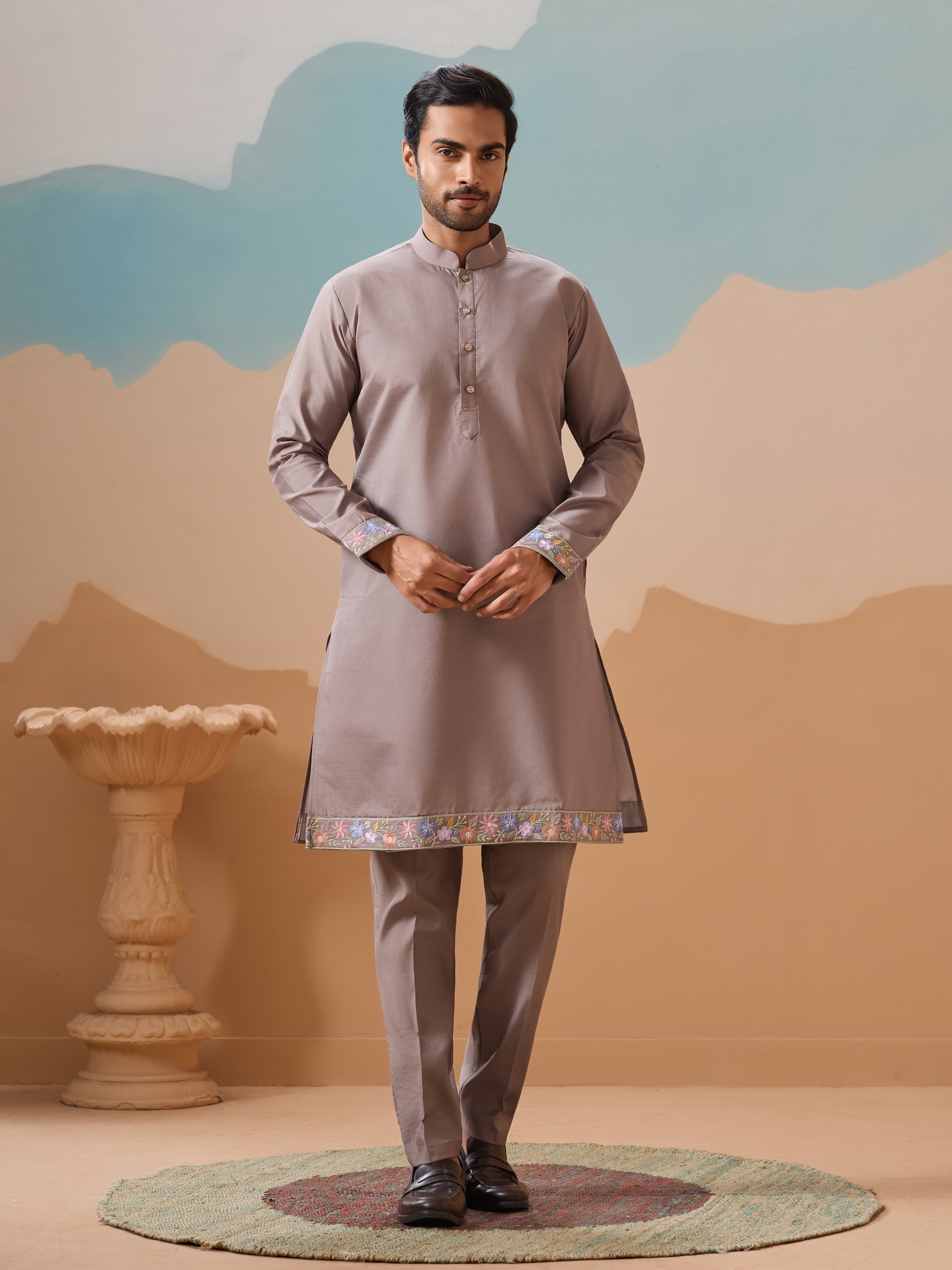 Elegant Grey Embroidered Kurta Jacket and Pant for Mens
