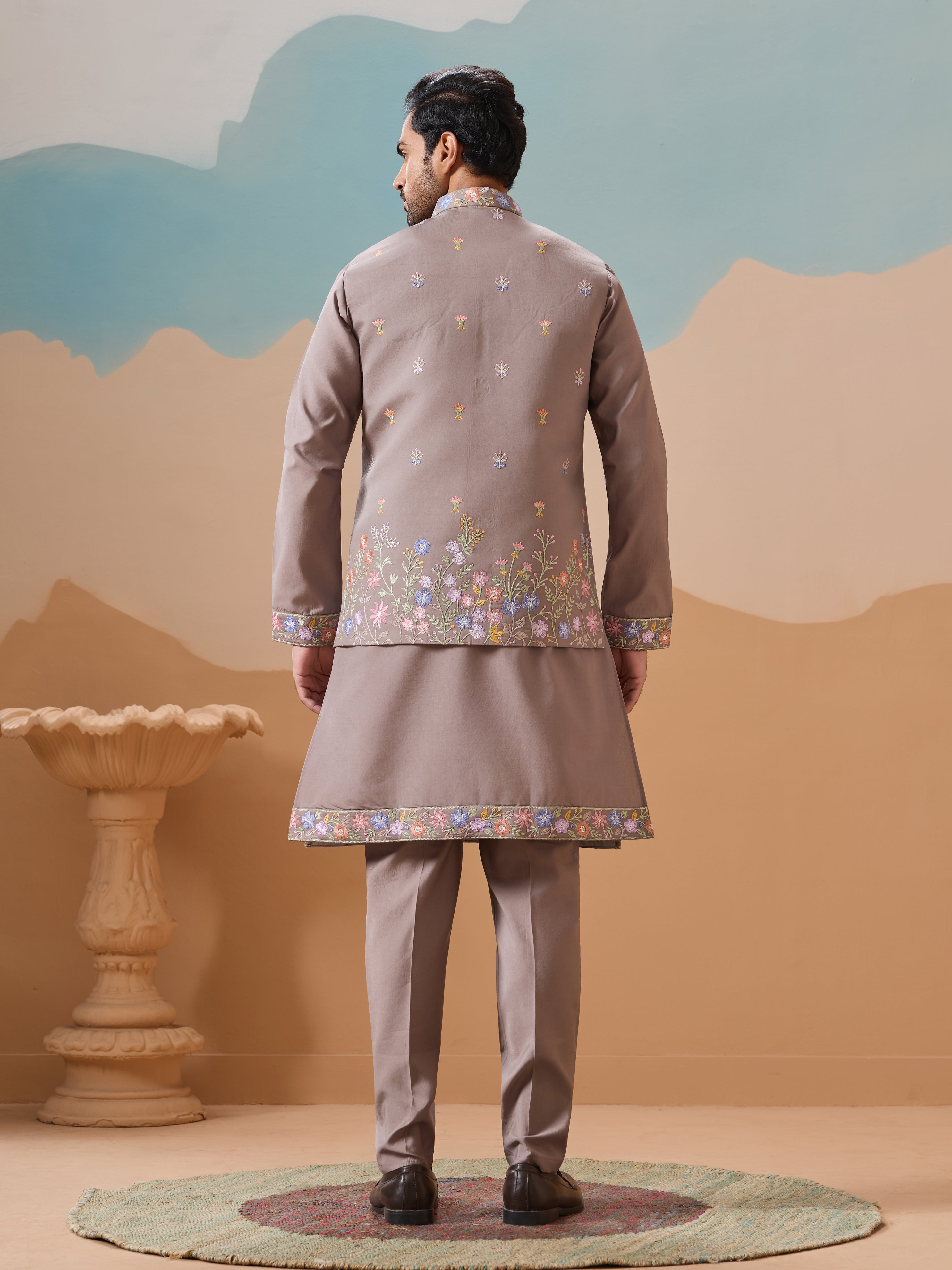 Elegant Grey Embroidered Kurta Jacket and Pant for Mens

