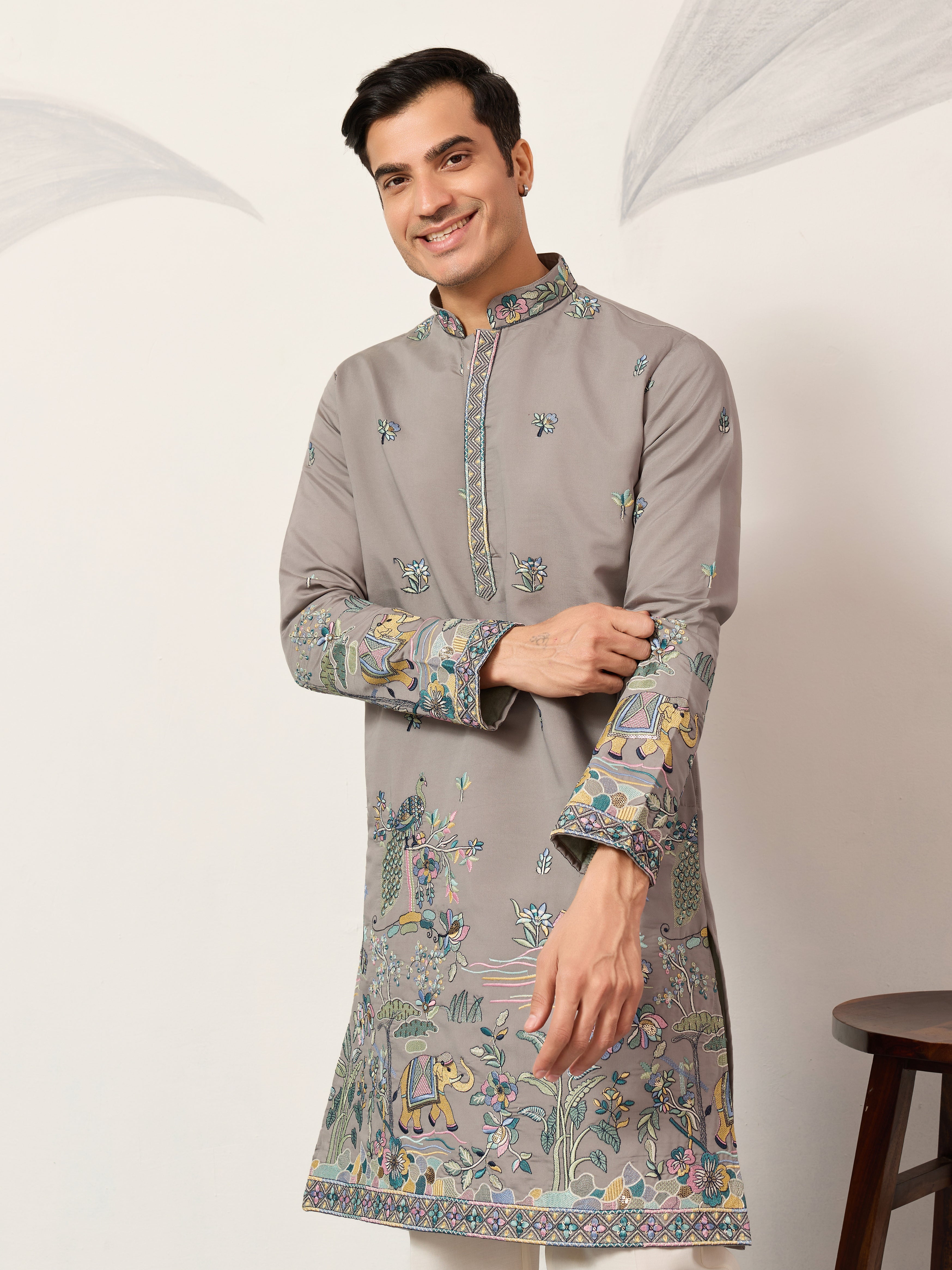 Wedding Traditional Look Grey Kurta for Mens Wear