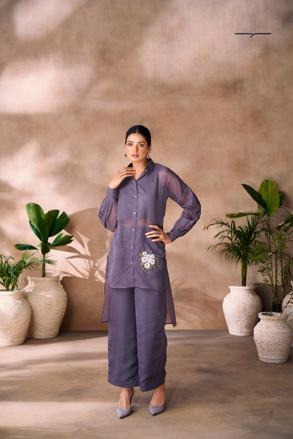 Ethereal Grey Floral Organza Ensemble Co Ord Set