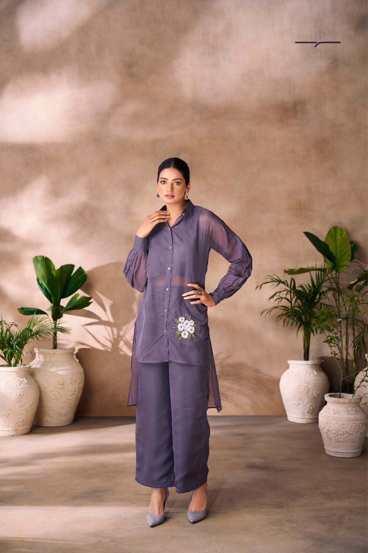 Ethereal Grey Floral Organza Ensemble Co Ord Set