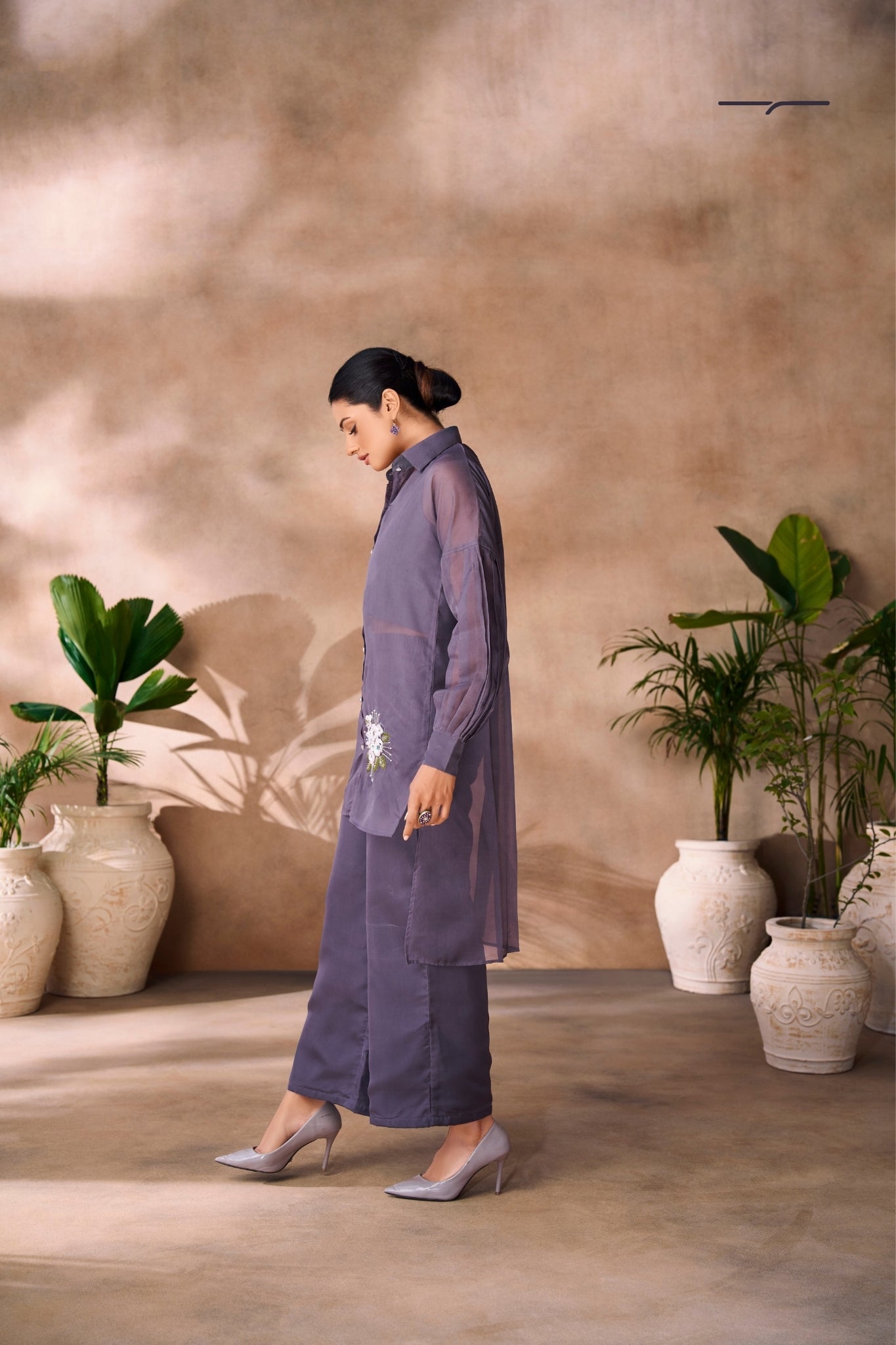 Ethereal Grey Floral Organza Ensemble Co Ord Set