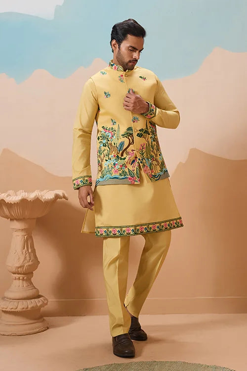 Haldi Special Yellow Classic Koti Kurta Set for Mens Wear
