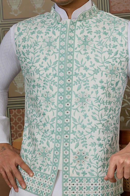 Wedding White Kurta Pajama with Green Koti Style