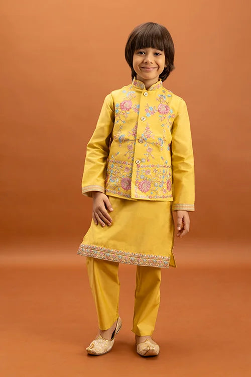 Haldi Celebration Kids Wear Yellow Kurta Pajama with Koti