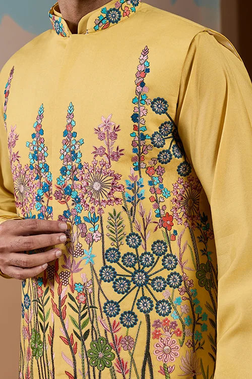 Haldi Ceremony Yellow Embroidered Koti Kurta Set for Mens