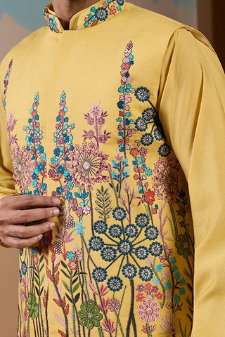 Haldi Ceremony Yellow Embroidered Koti Kurta Set for Mens