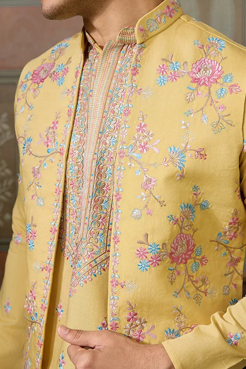 Trending Yellow Haldi Ceremony Koti Kurta for Men