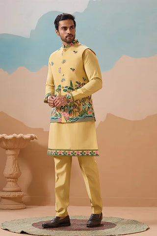 Haldi Special Yellow Classic Koti Kurta Set for Mens Wear