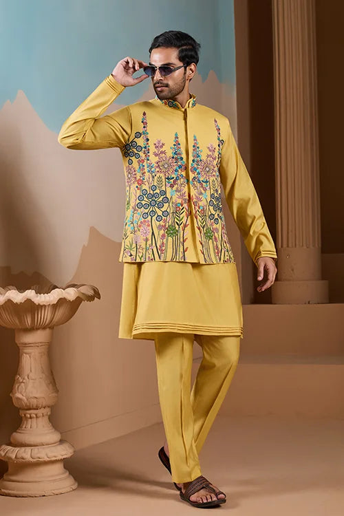 Haldi Ceremony Yellow Embroidered Koti Kurta Set for Mens