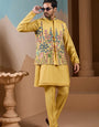 Haldi Ceremony Yellow Embroidered Koti Kurta Set for Mens