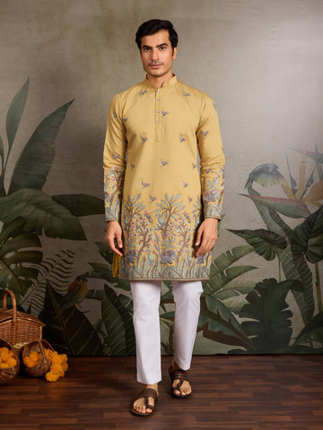 Haldi Ceremony Special Yellow Embroidered Kurta for Men