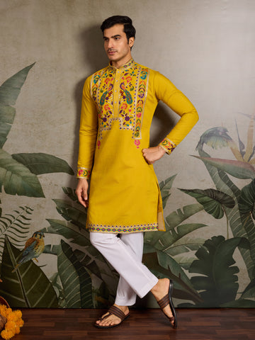 Haldi Special Yellow Embroidered Kurta for Men