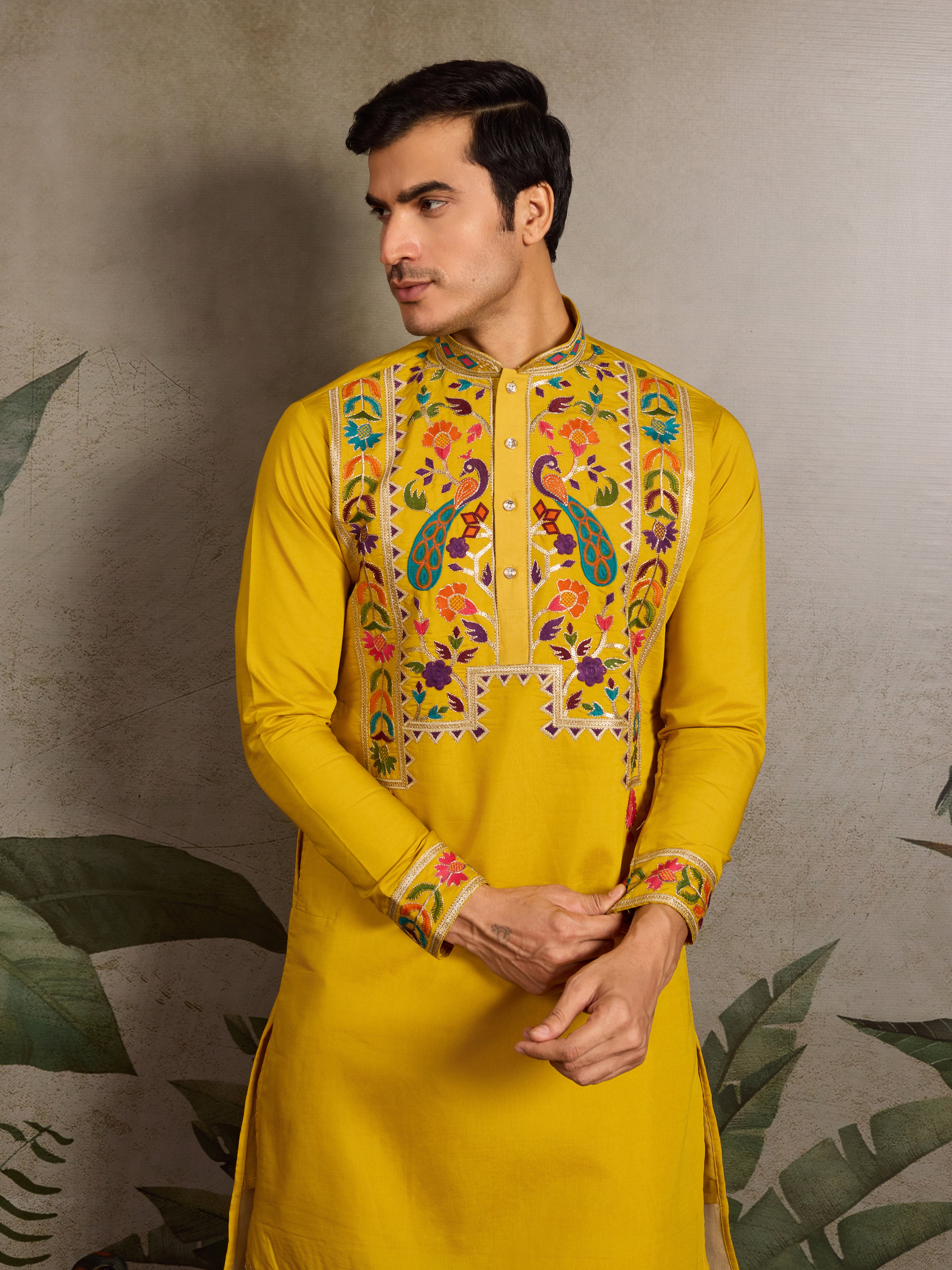Haldi Special Yellow Embroidered Kurta for Men