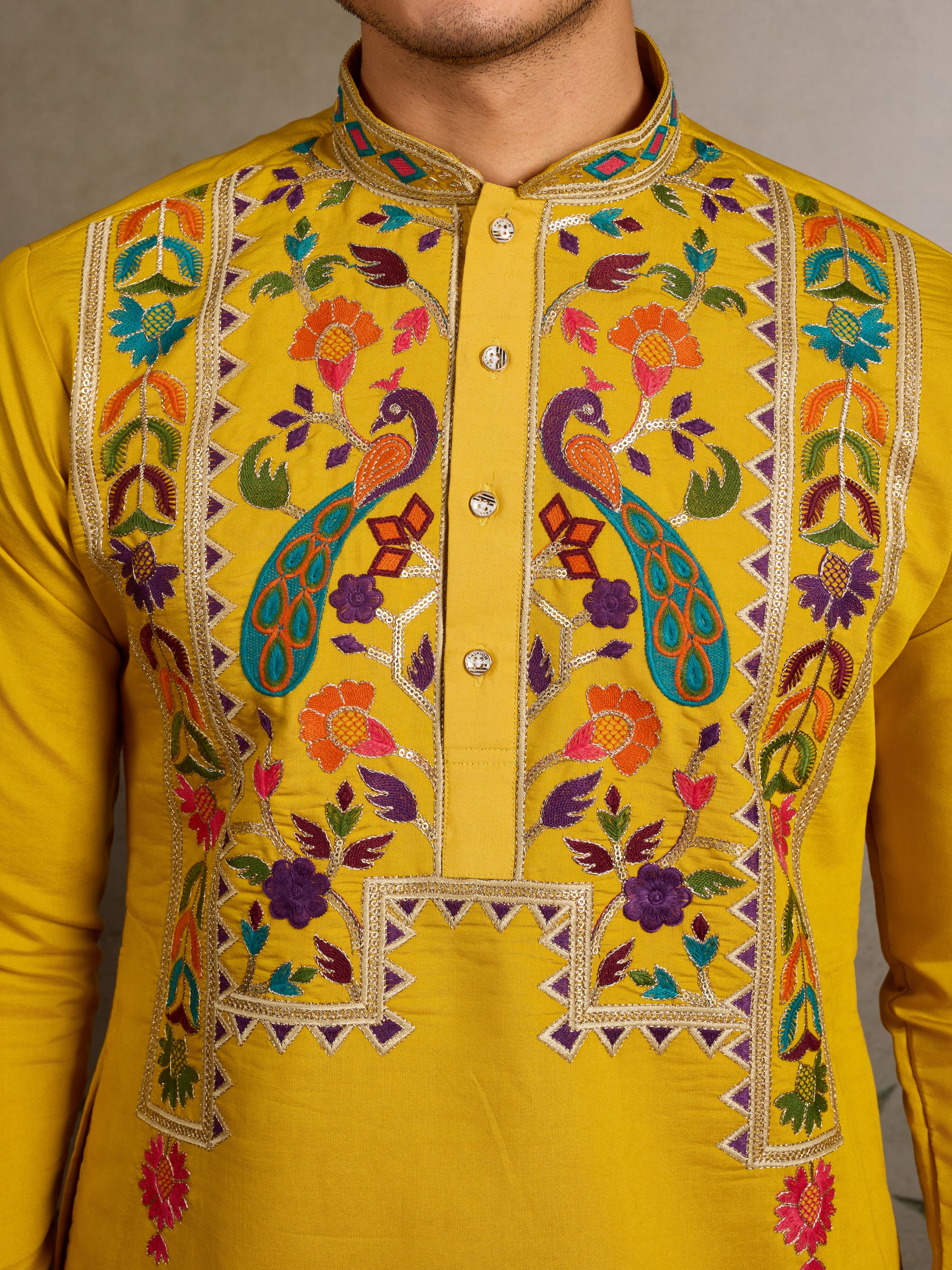 Haldi Special Yellow Embroidered Kurta for Men