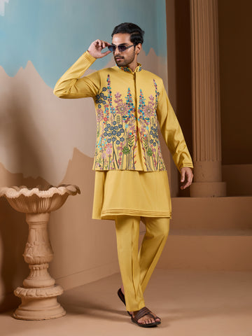 Haldi Ceremony Yellow Embroidered Koti Kurta Set for Mens