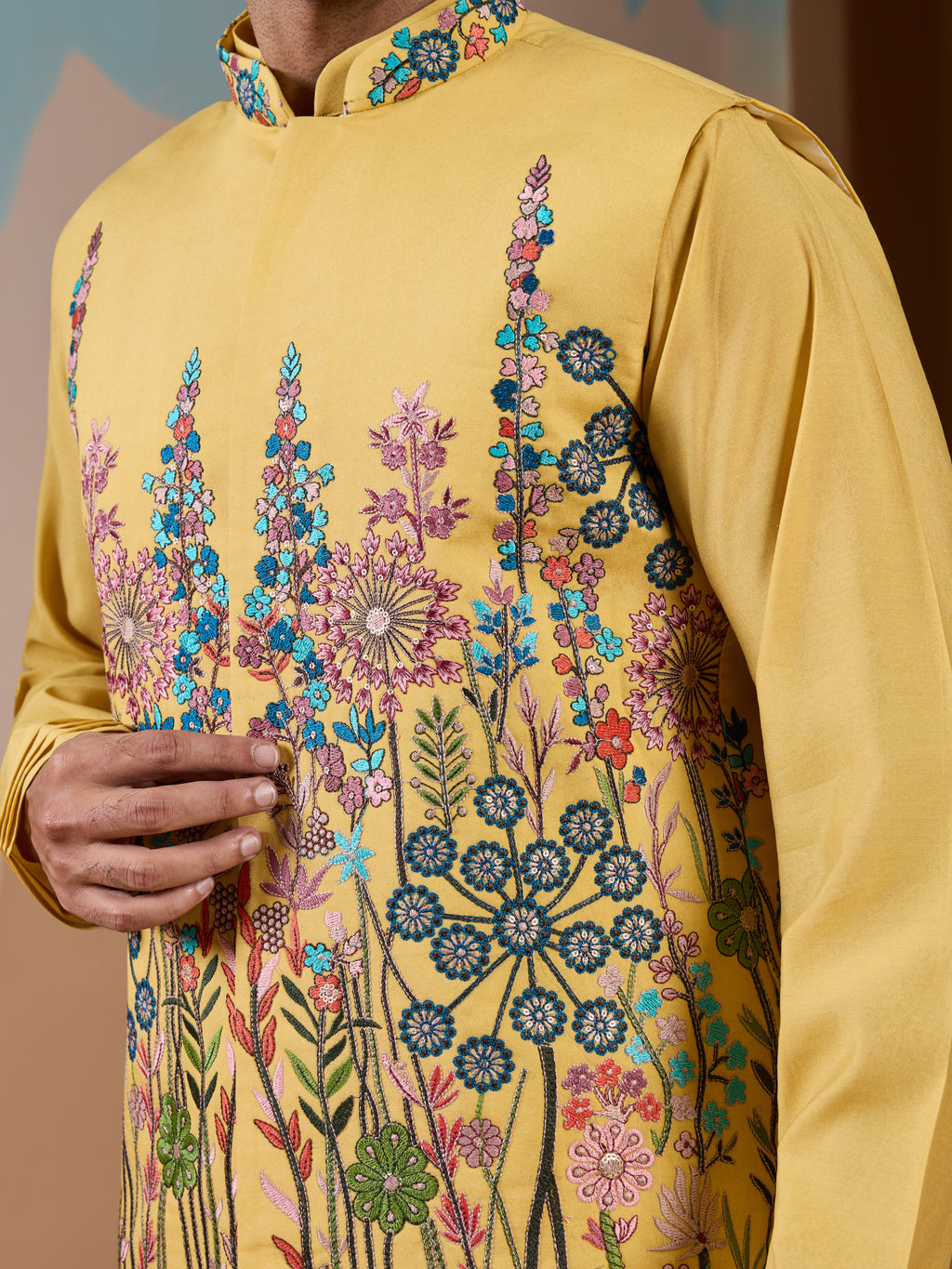 Haldi Ceremony Yellow Embroidered Koti Kurta Set for Mens