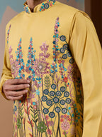 Haldi Ceremony Yellow Embroidered Koti Kurta Set for Mens