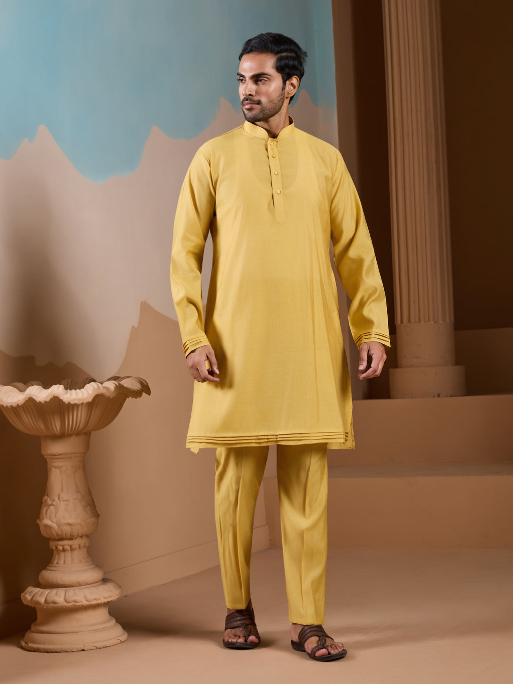 Haldi Ceremony Yellow Embroidered Koti Kurta Set for Mens