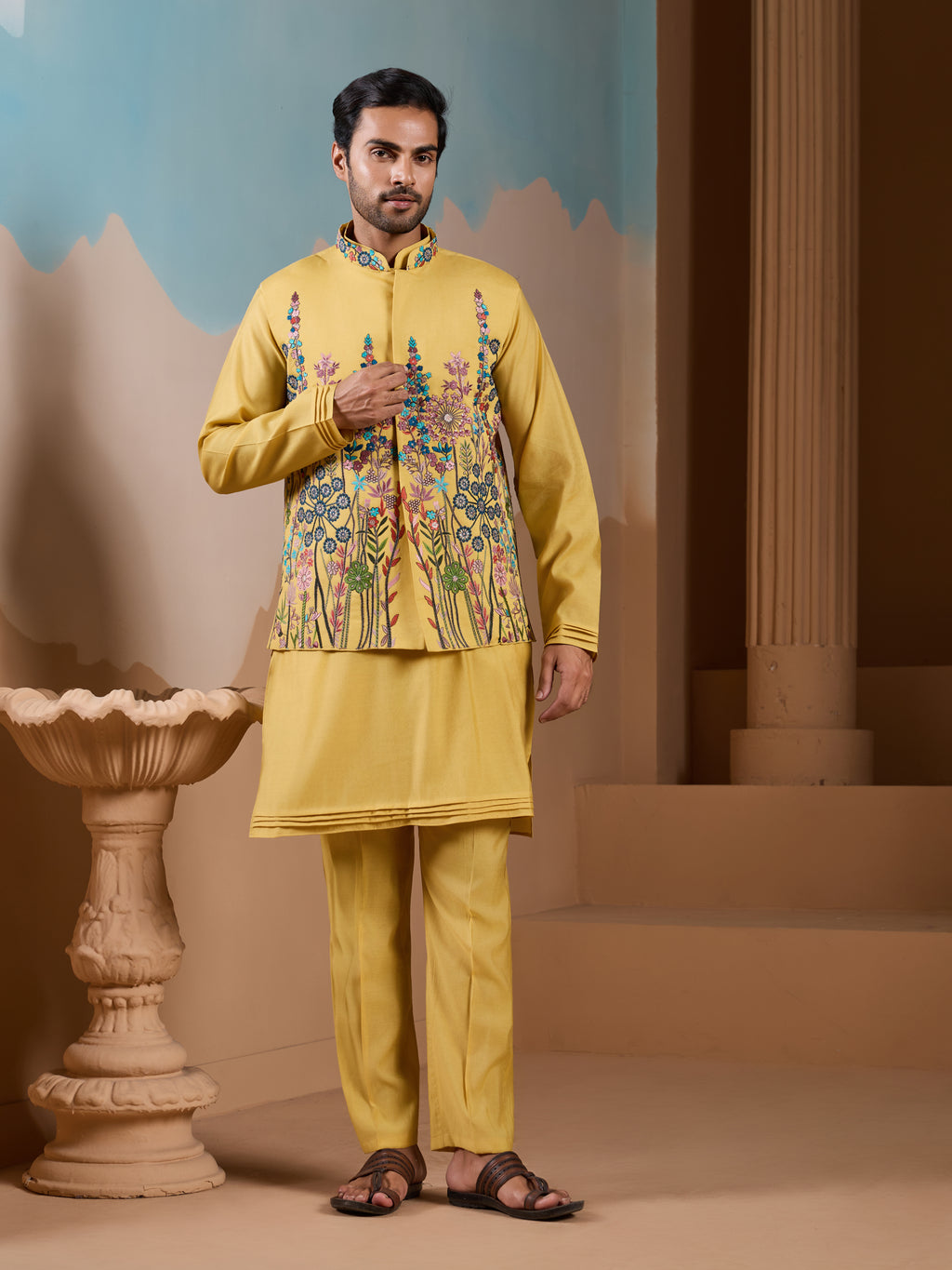 Haldi Ceremony Yellow Embroidered Koti Kurta Set for Mens