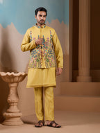 Haldi Ceremony Yellow Embroidered Koti Kurta Set for Mens