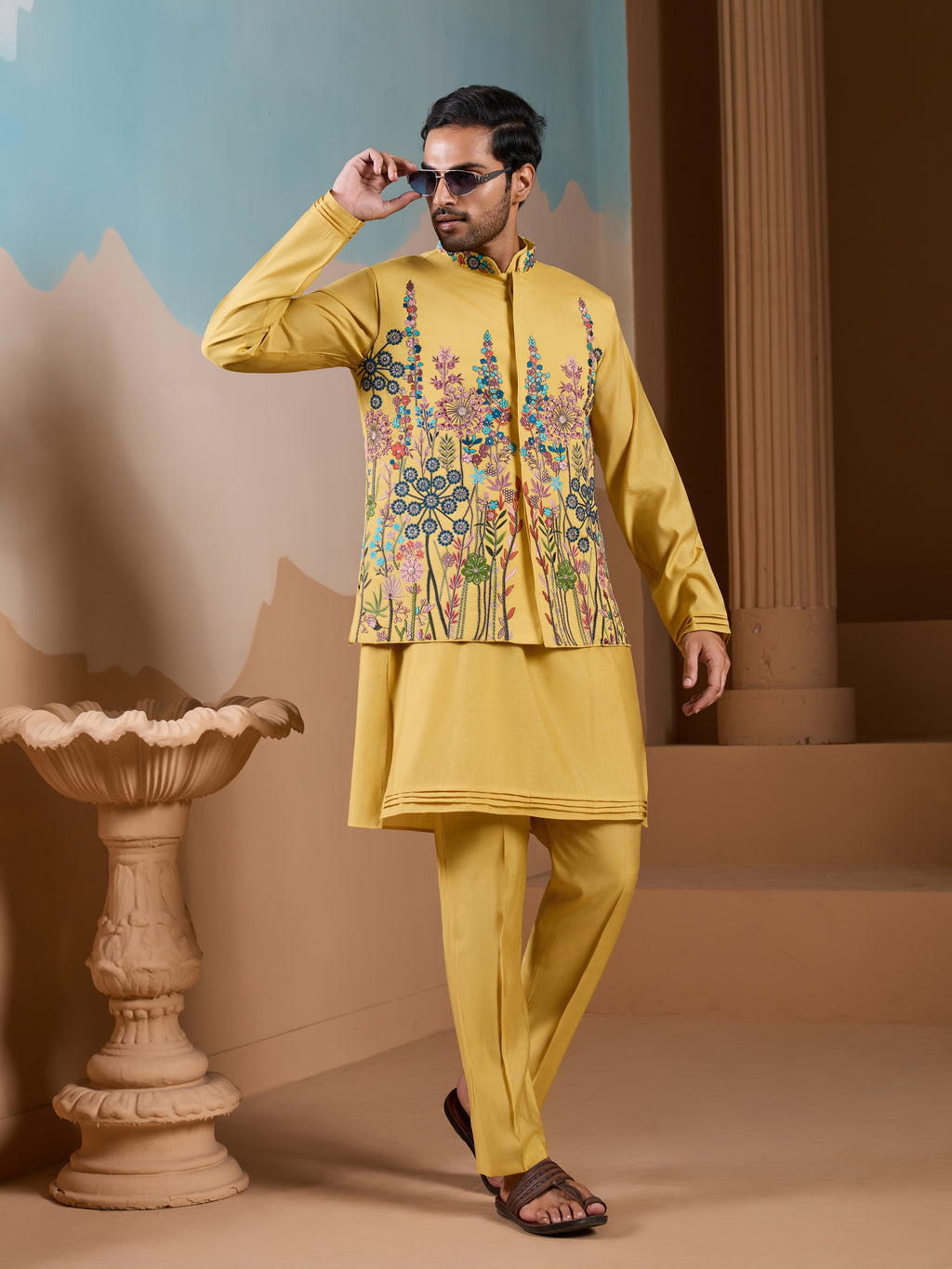 Haldi Ceremony Yellow Embroidered Koti Kurta Set for Mens

