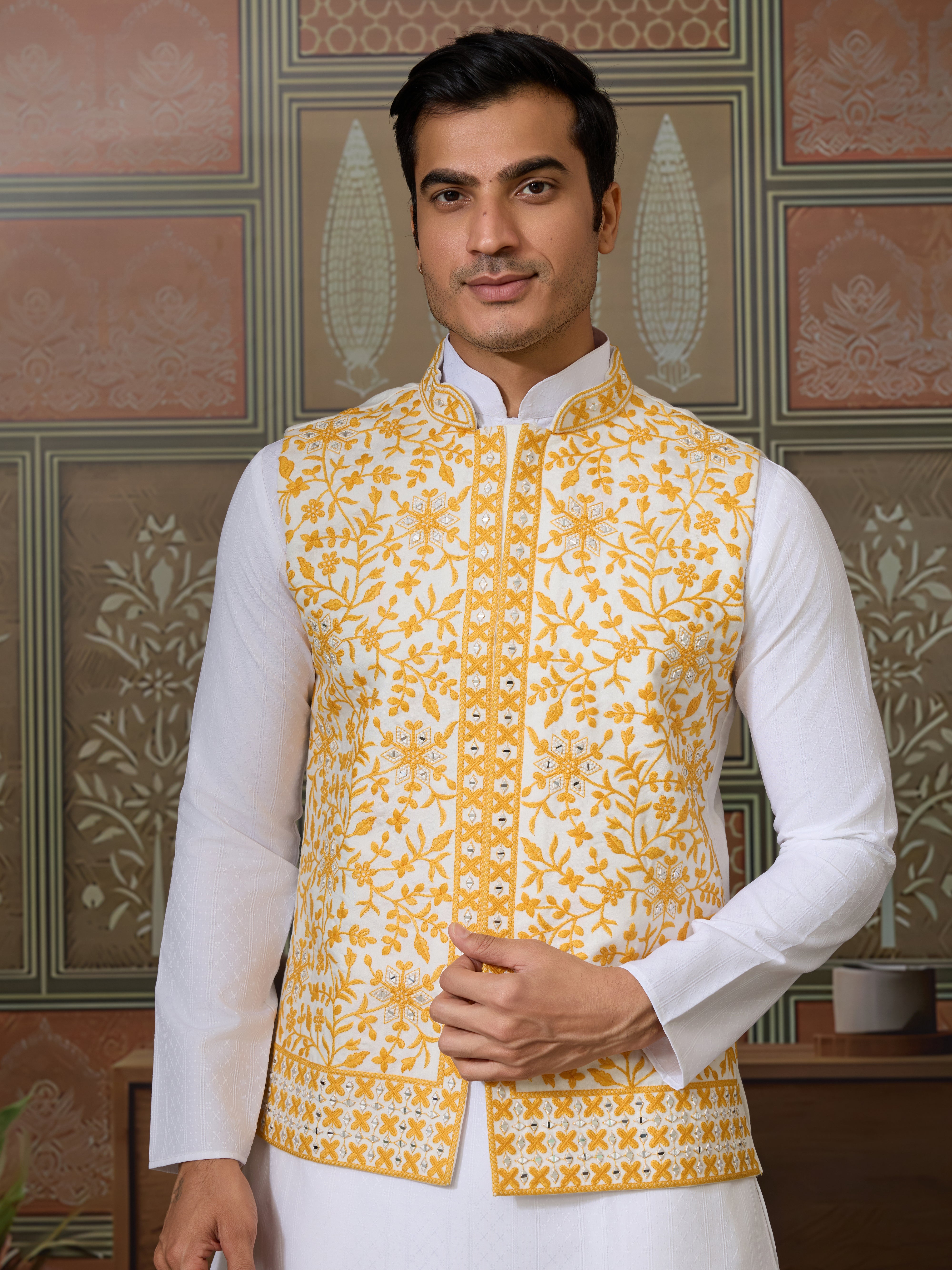 Haldi Special Yellow Koti with White Kurta for Mens