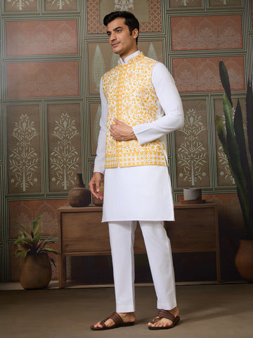 Haldi Special Yellow Koti with White Kurta for Mens