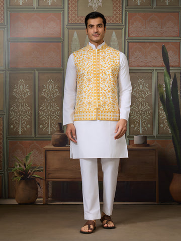 Haldi Special Yellow Koti with White Kurta for Mens
