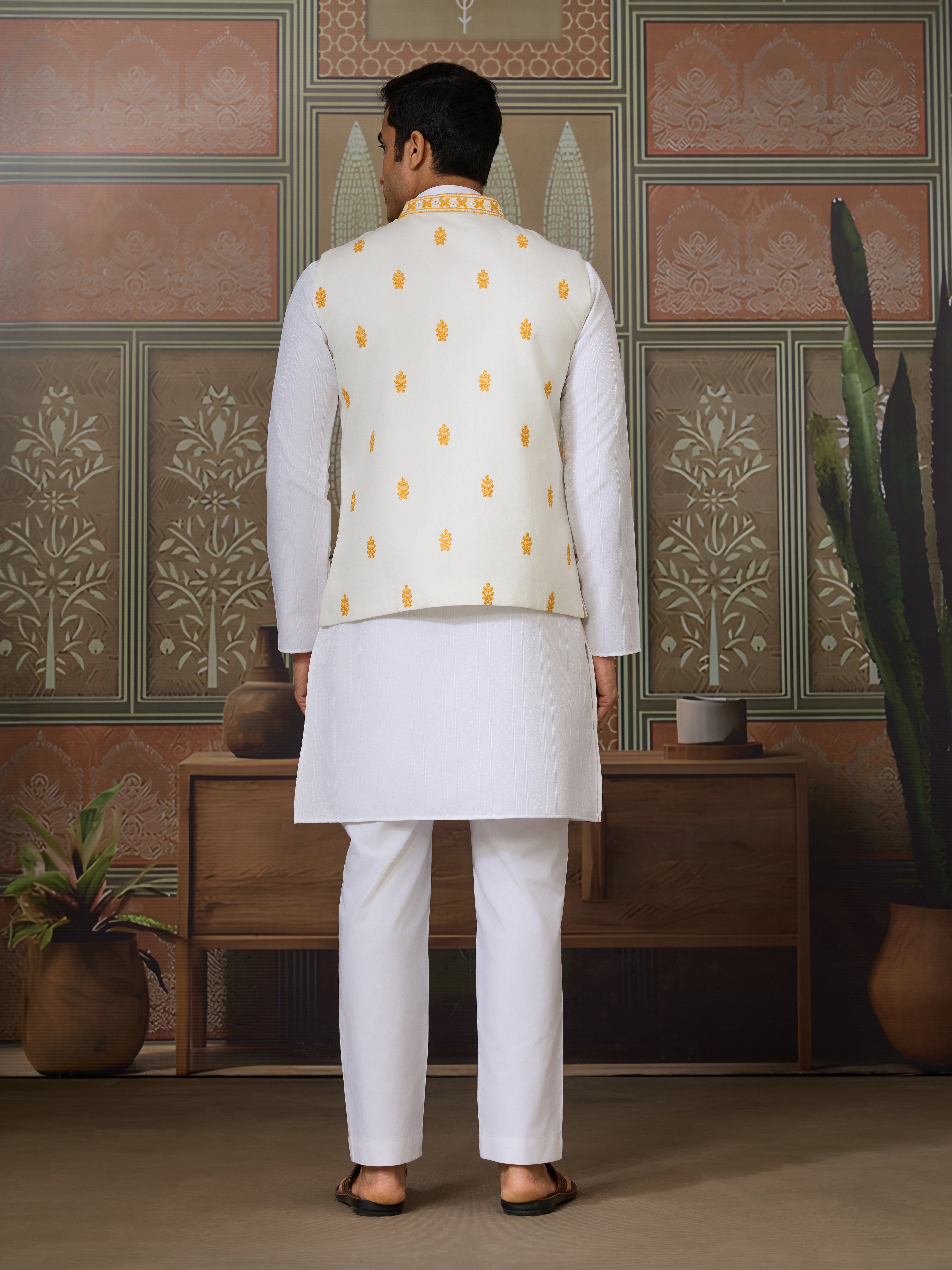 Haldi Special Yellow Koti with White Kurta for Mens