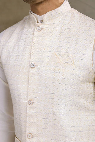 White Roman Silk Kurta with Jacquard Koti Jacket