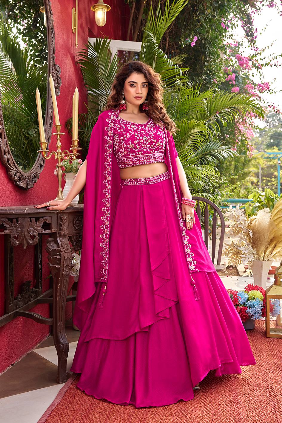 Premium Vichitra Silk Heavy Moti Beads Sequence Embroidery Lehenga Set

