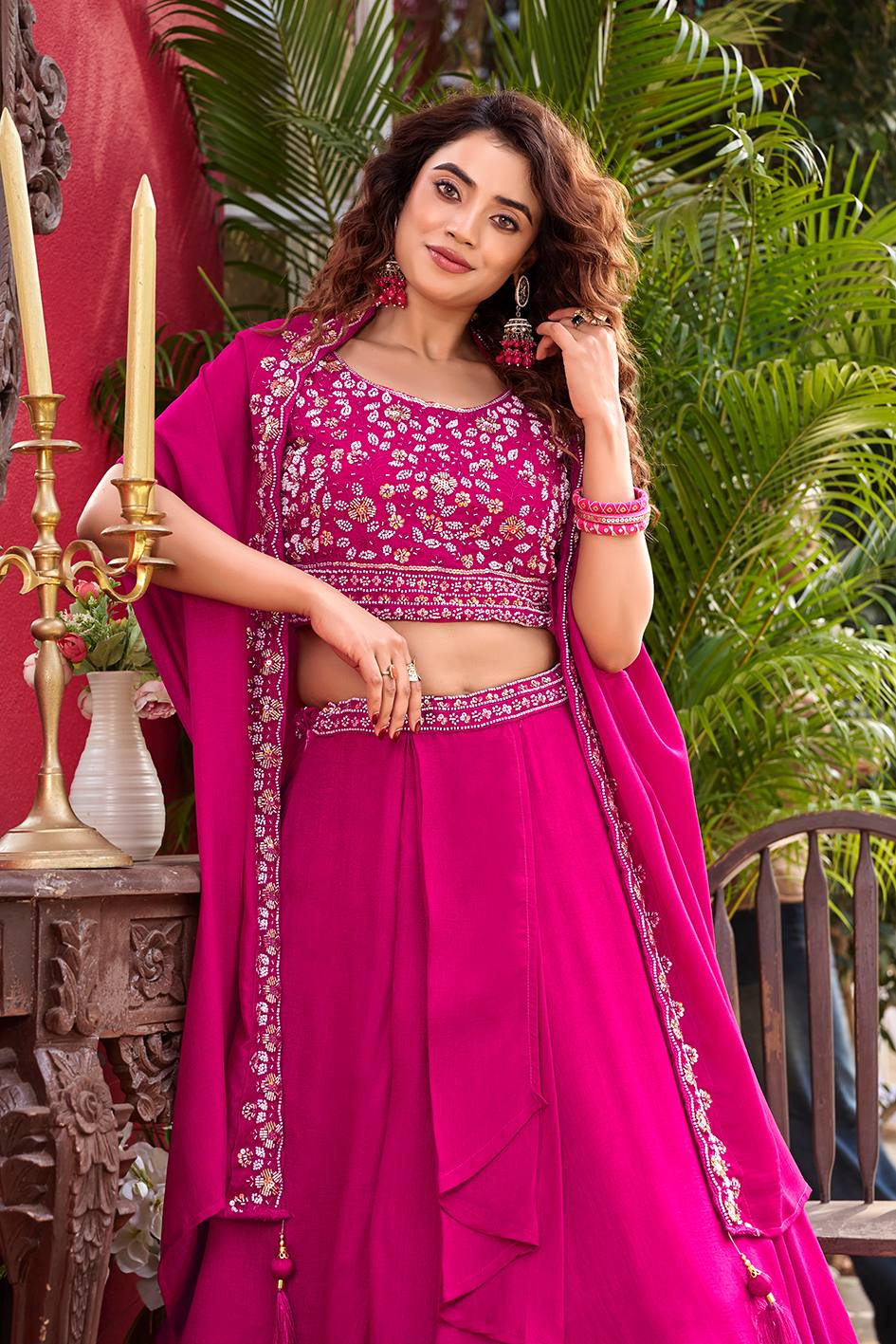 Premium Vichitra Silk Heavy Moti Beads Sequence Embroidery Lehenga Set
