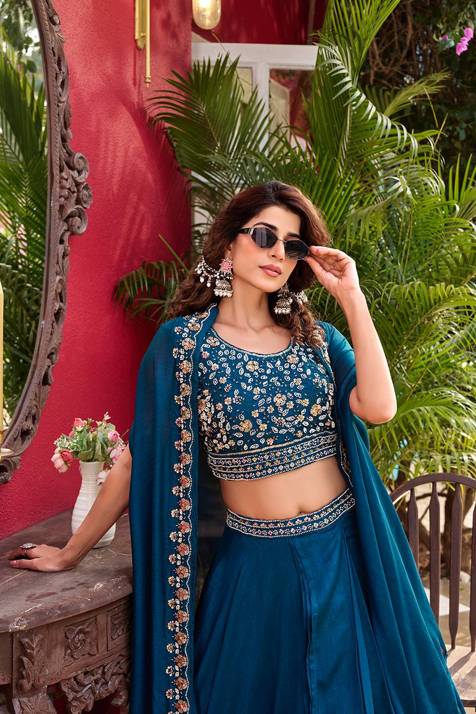 Premium Vichitra Silk Heavy Moti Beads Sequence Embroidery Lehenga Set

