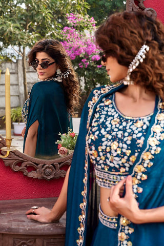 Premium Vichitra Silk Heavy Moti Beads Sequence Embroidery Lehenga Set
