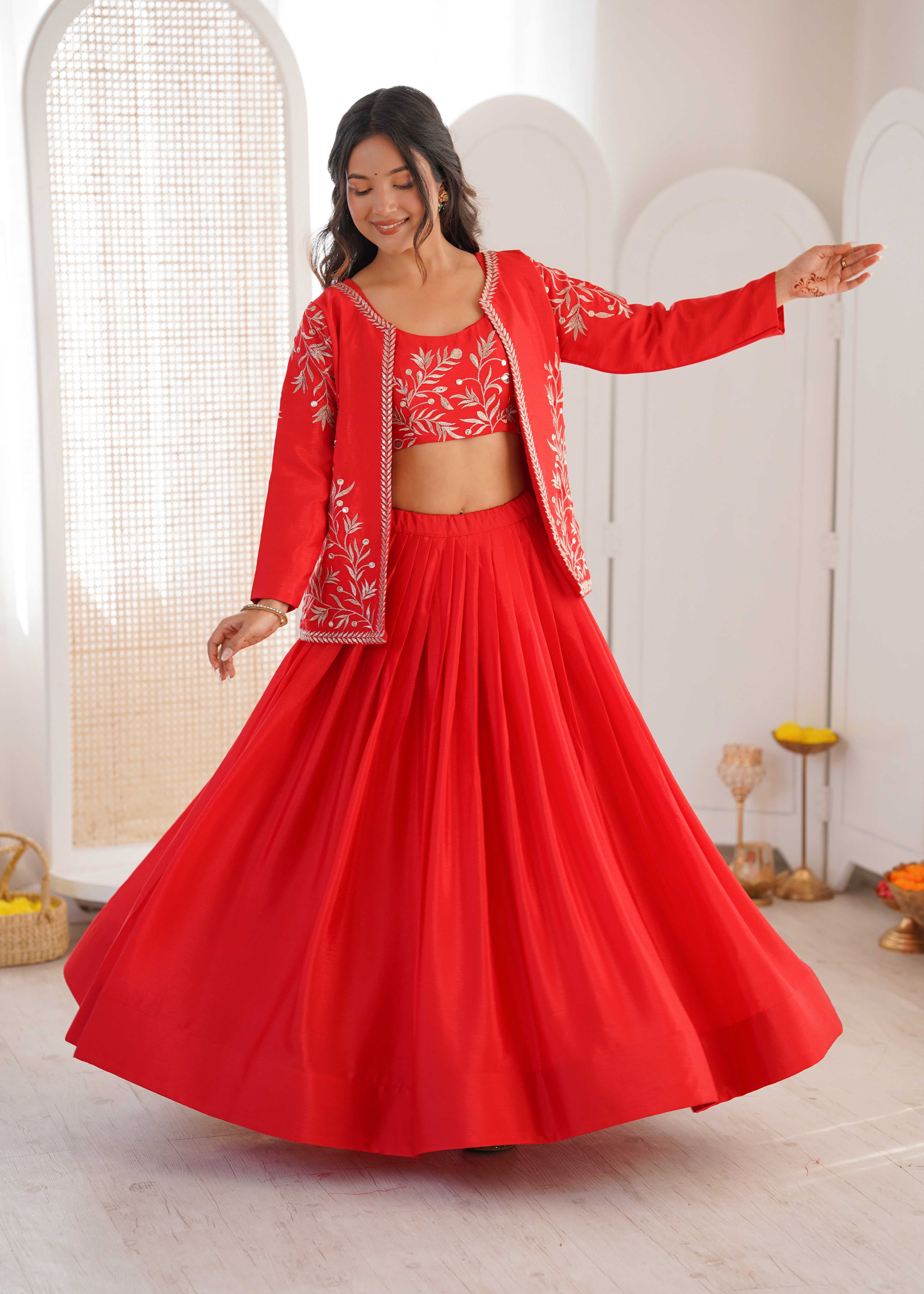 Orange Heavy Chinon Silk Matching Thread Sequin Lehenga Choli Set
