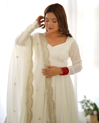 NEW PREMIUM QUALITY PURE ROMANSILK CHANDERI FABRIC FULLY FLAIR ANARKALI,WITH DUPPTA SET,PENT READY TO WEAR-OFF WHITE