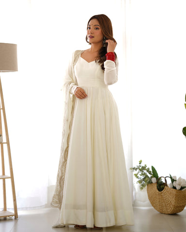 NEW PREMIUM QUALITY PURE ROMANSILK CHANDERI FABRIC FULLY FLAIR ANARKALI,WITH DUPPTA SET,PENT READY TO WEAR-OFF WHITE