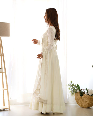 NEW PREMIUM QUALITY PURE ROMANSILK CHANDERI FABRIC FULLY FLAIR ANARKALI,WITH DUPPTA SET,PENT READY TO WEAR-OFF WHITE