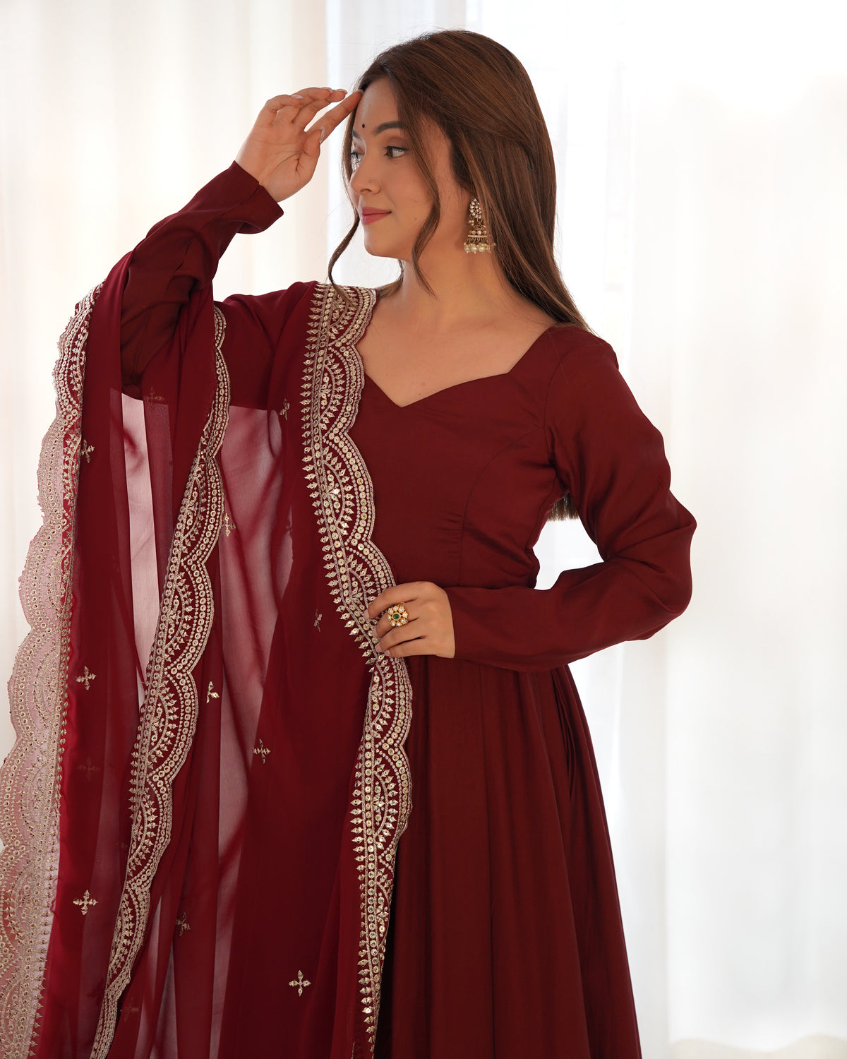 NEW PREMIUM QUALITY PURE ROMANSILK CHANDERI FABRIC FULLY FLAIR ANARKALI,WITH DUPPTA SET,PENT READY TO WEAR-MAROON