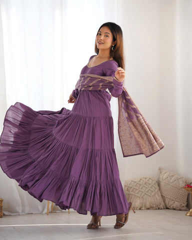 Purple Roman Silk Chanderi Fabric Fully Flared Anarkali Suit With Pent and Dupatta Set