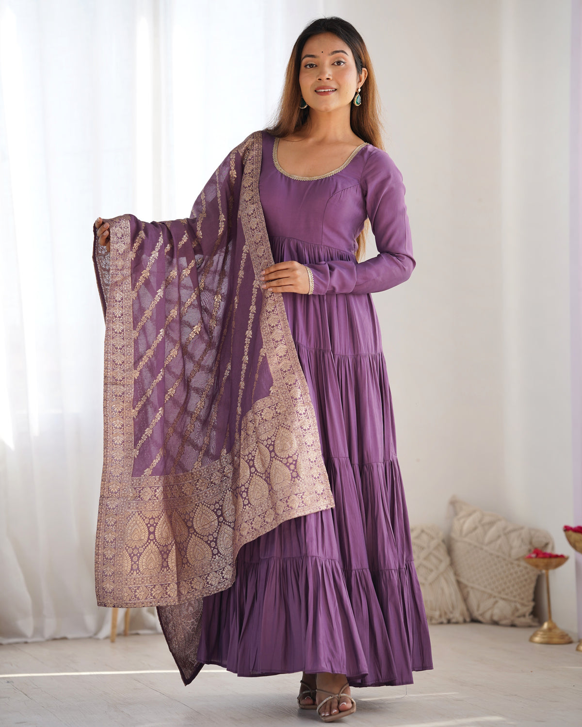 Purple Roman Silk Chanderi Fabric Fully Flared Anarkali Suit With Pent and Dupatta Set