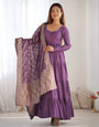 Purple Roman Silk Chanderi Fabric Fully Flared Anarkali Suit With Pent and Dupatta Set