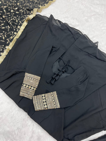 Black Color Pure Faux Georgette Kurti With Huge Flair Comes With Duppatta & Pant