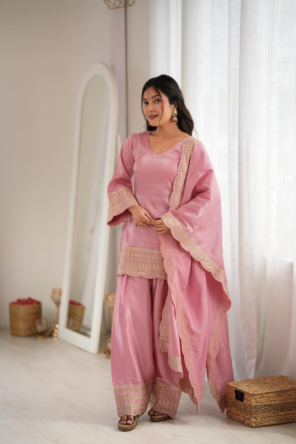 Pink Glass Roman Silk Embroidered Farshi Shalwar Suit Set