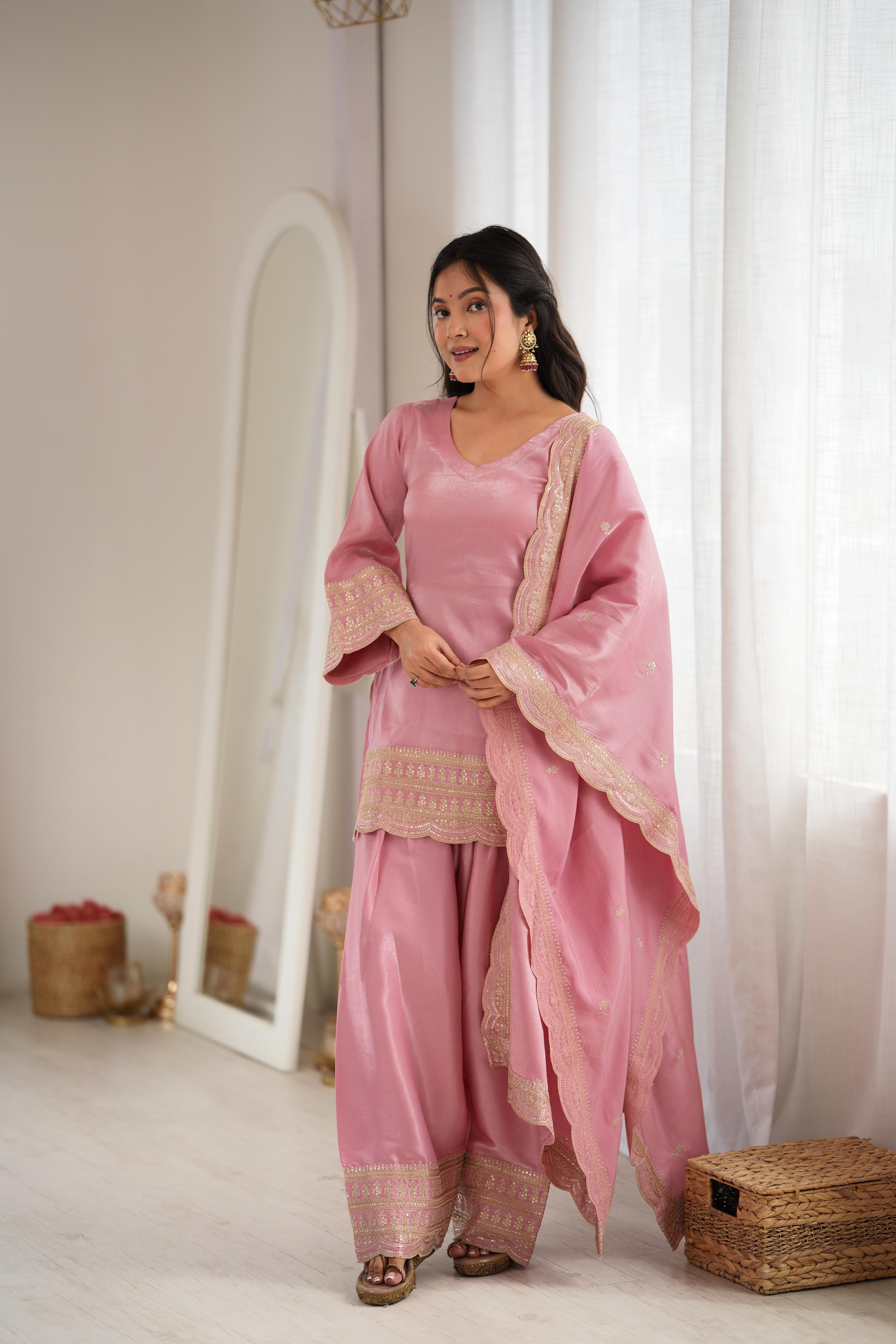 Pink Glass Roman Silk Embroidered Farshi Shalwar Suit Set