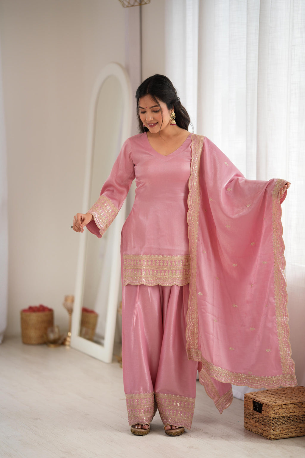 Pink Glass Roman Silk Embroidered Farshi Shalwar Suit Set