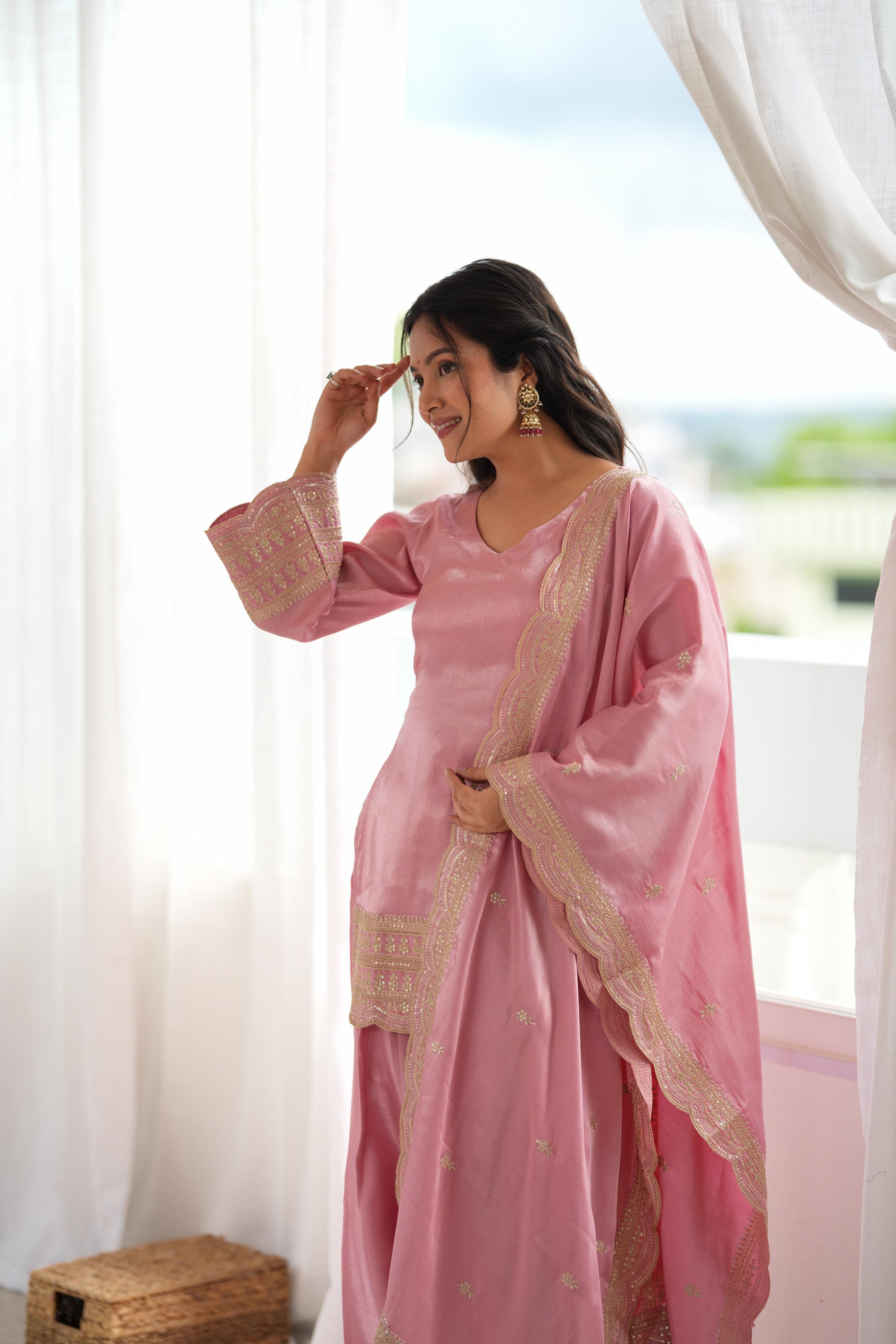 Pink Glass Roman Silk Embroidered Farshi Shalwar Suit Set