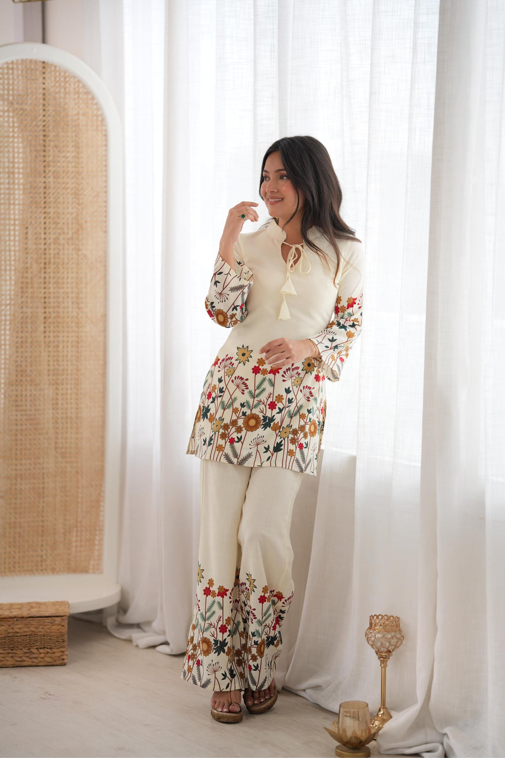 Elegant Off White Magic Slub Cotton Printed Kurta Pant Set