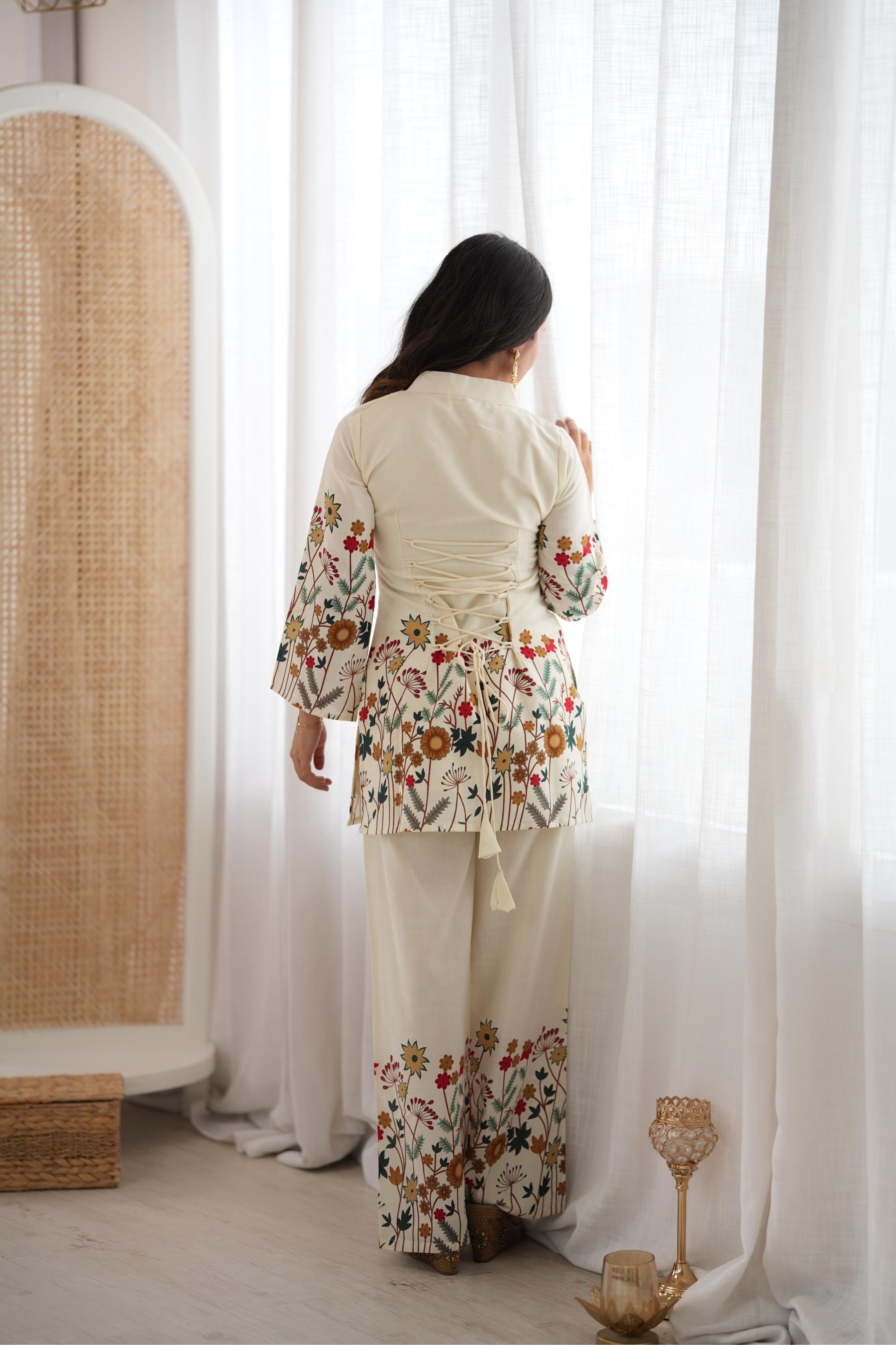 Elegant Off White Magic Slub Cotton Printed Kurta Pant Set